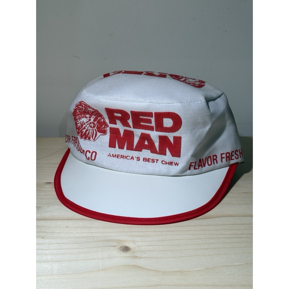 Vintage Red Man Chewing Tobacco Painters Hat Cap USA Logo White/Red